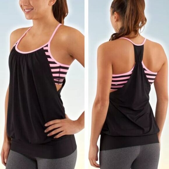 LULULEMON No Limits Tank Top Sz 4 Black Sea Stripe Printed Pink Shell - Picture 1 of 6